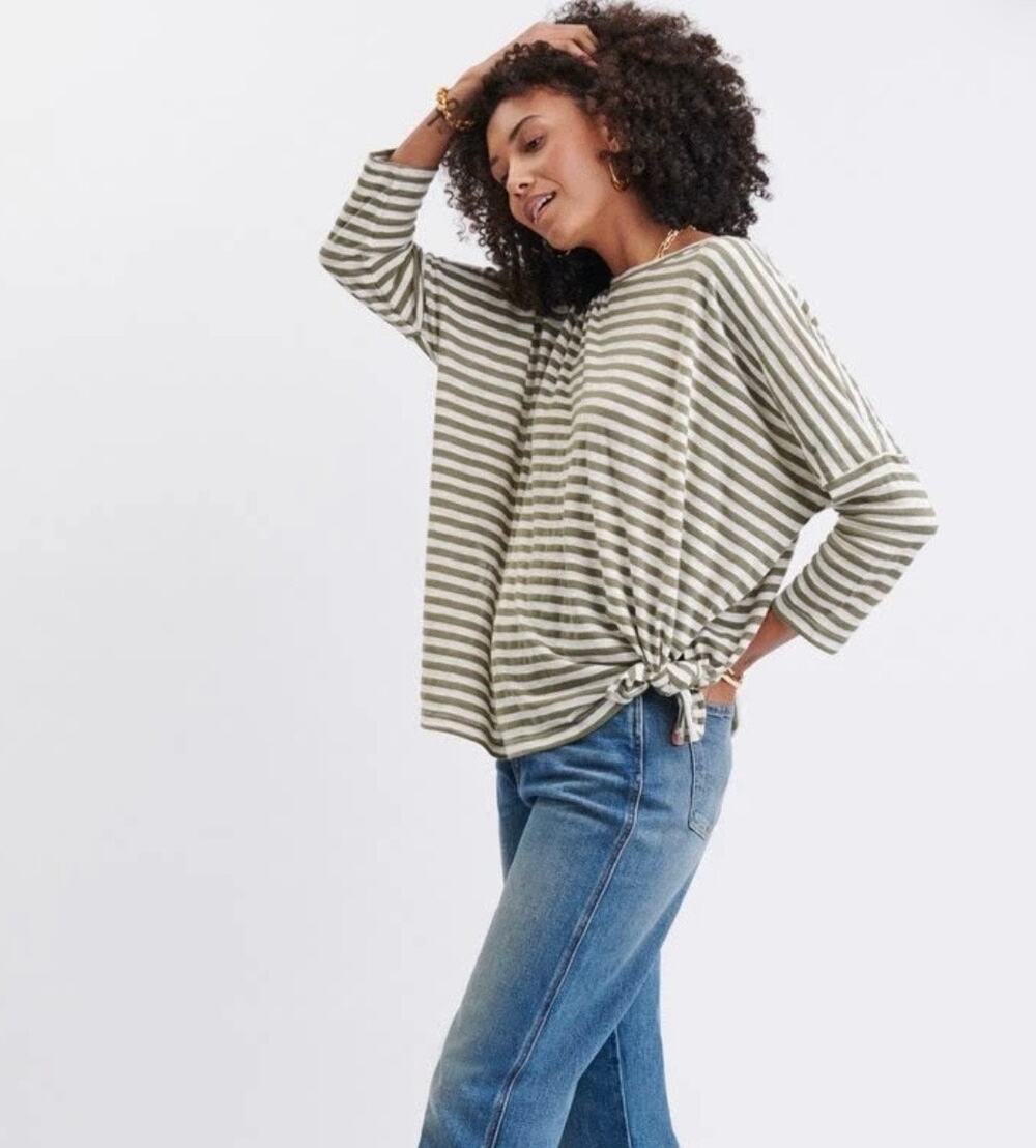 Mersea Women's Big Striped Oversize Catalina Slub Tee Olive Gray White One Size